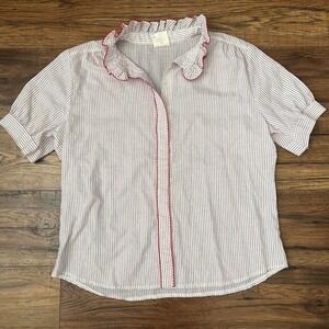 Vintage Sweet Baby Jane Button Up Blouse Red Blue Stripe Ruffle Women S Cottage